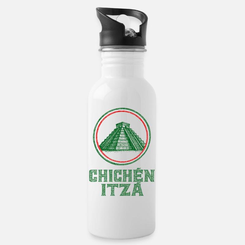 Chichén Itzá Tempel Flagge Mexiko - Trinkflasche mit integriertem Trinkhalm - Weiß