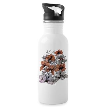 Flower Lines Brown Grey – Floral Design - Water bottle with straw - white - Right