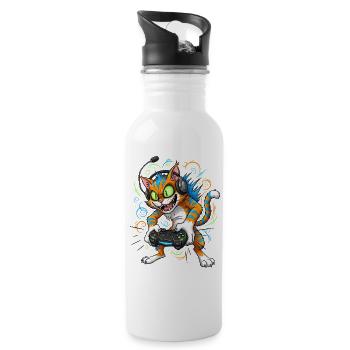 Neon Gaming Katze mit Controller Gamer Kater - Trinkflasche mit integriertem Trinkhalm - Weiß - Rechts