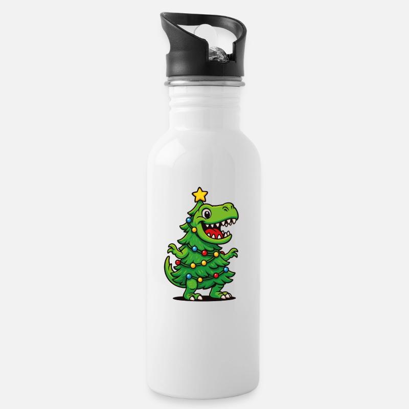 Tree Rex – Lustiges Dino Weihnachten - Trinkflasche mit integriertem Trinkhalm - Weiß