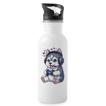 Gaming Husky with Headphones Gamer Dog - Water bottle with straw - white - Right