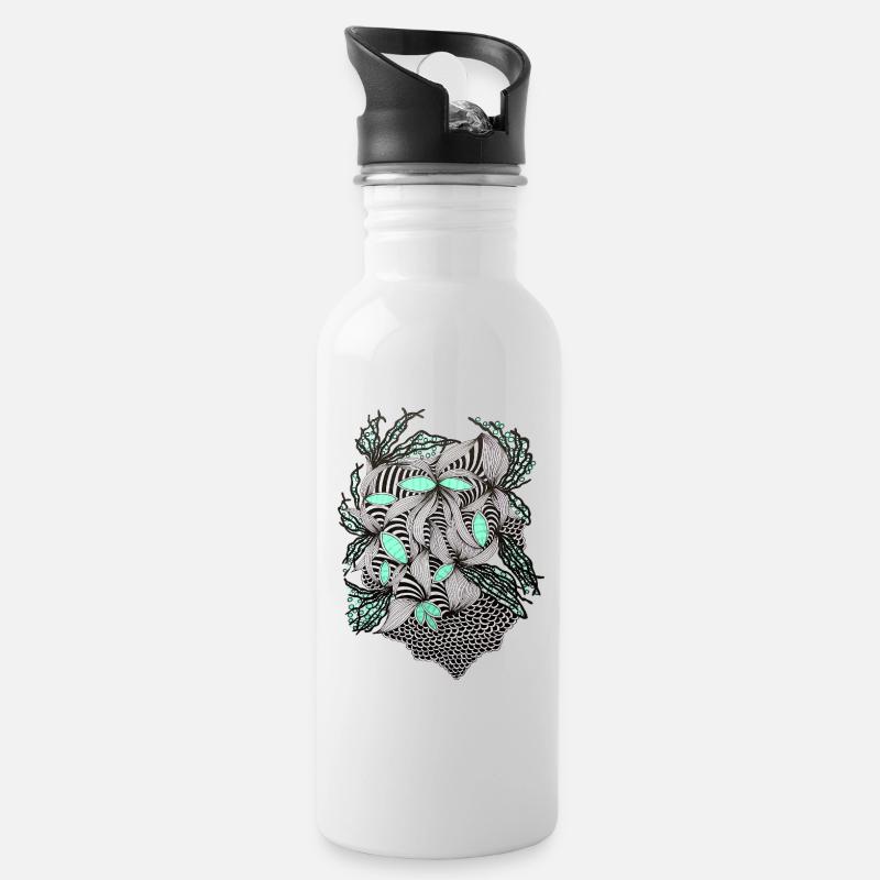 Linienblumen Muster Mintakzent - Trinkflasche mit integriertem Trinkhalm - Weiß