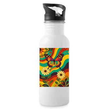 Psychedelic Butterfly Garden in Groovy Colors - Water bottle with straw - white - Right