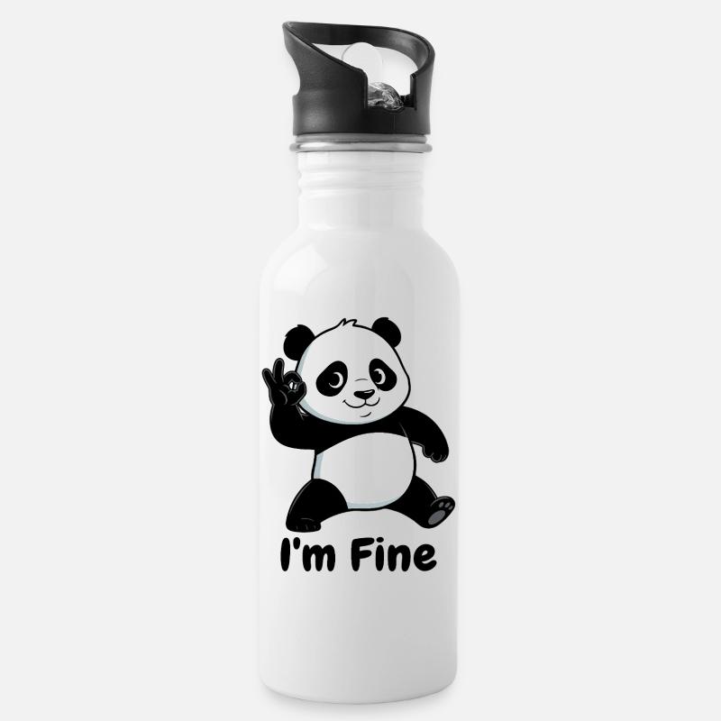 Panda Daumenhoch Cartoon Schwarz - Trinkflasche mit integriertem Trinkhalm - Weiß