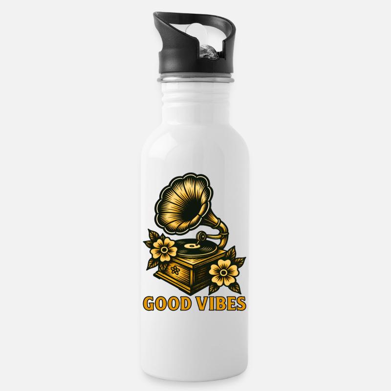 Vintage-Grammophon - Trinkflasche mit integriertem Trinkhalm - Weiß