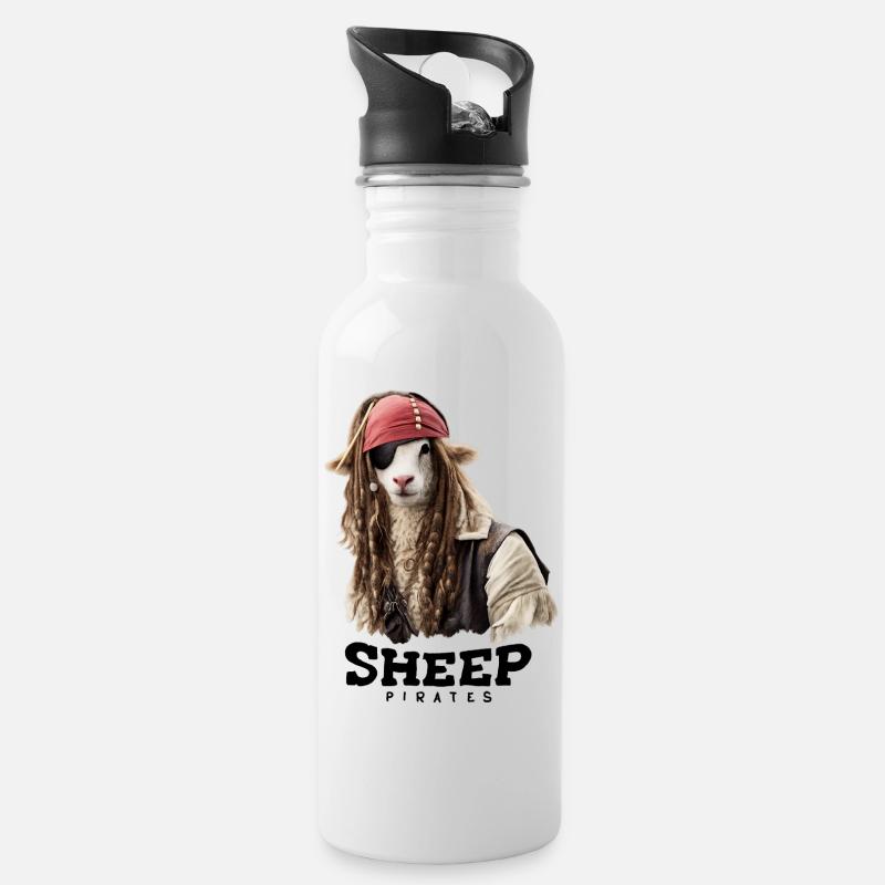 Piraten Schaf mit Dreadlocks - Trinkflasche mit integriertem Trinkhalm - Weiß