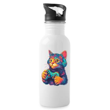Lustige Katze Gaming Gamer  - Trinkflasche mit integriertem Trinkhalm - Weiß - Rechts