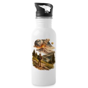Hikers in front of erupting volcano and strange world - Water bottle with straw - white - Right