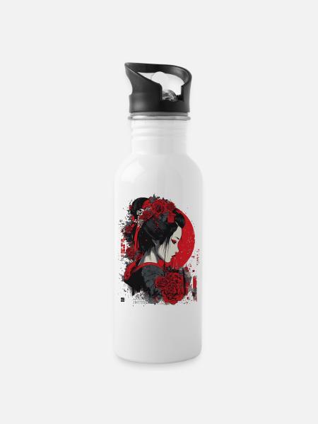 Geisha mit roten Rosen - Trinkflasche mit integriertem Trinkhalm - Weiß