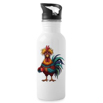 Lebhafter Hahn mit Kaffeetasse - Trinkflasche mit integriertem Trinkhalm - Weiß - Rechts