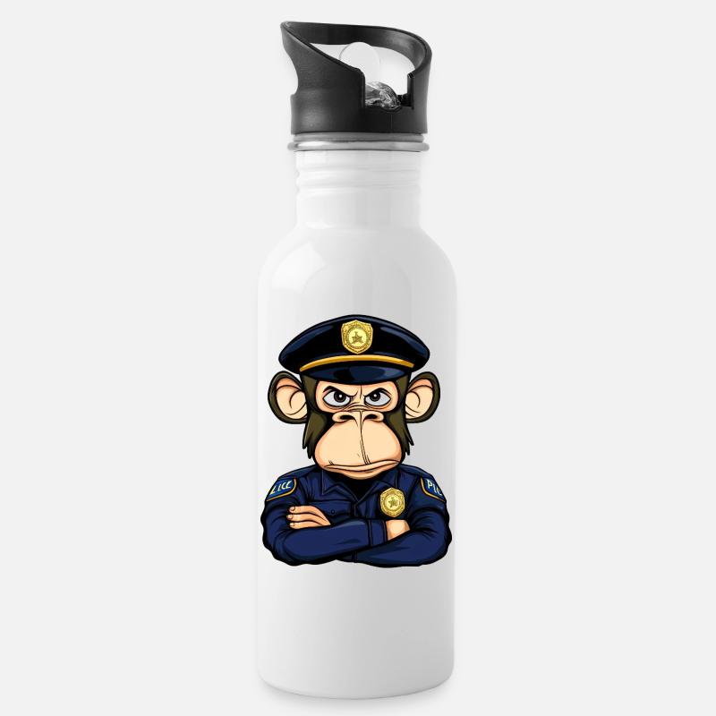 Polizei Affe - Trinkflasche mit integriertem Trinkhalm - Weiß