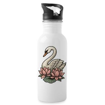 Schwan mit Lotusblüten im Vintage Stil - Trinkflasche mit integriertem Trinkhalm - Weiß - Rechts