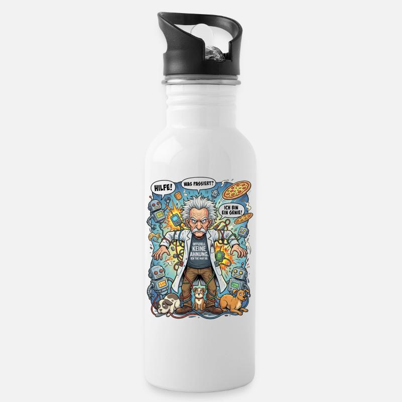 Genie im Chaos: Einstein und Roboter - Trinkflasche mit integriertem Trinkhalm - Weiß