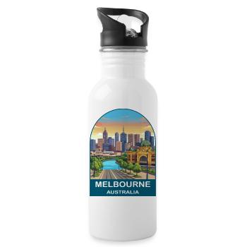 Melbourne, Australien, Flinders St Reiseplakat - Trinkflasche mit integriertem Trinkhalm - Weiß - Rechts