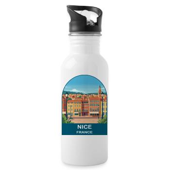 Nice France Riviera Vintage Travel Poster Art - Water bottle with straw - white - Right