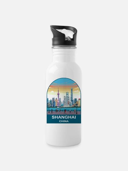 Shanghai China Vintage-Reiseplakat-Kunst - Trinkflasche mit integriertem Trinkhalm - Weiß