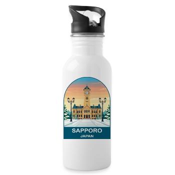 Sapporo Japan Clock Tower Vintage Snow Travel Art - Water bottle with straw - white - Right