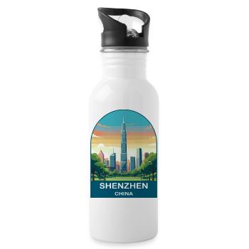 Shenzhen China Modern Skyline Vintage Travel Art - Water bottle with straw - white - Right
