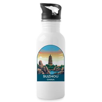Suzhou China Classical Garden Vintage Travel Art - Water bottle with straw - white - Right
