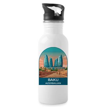 Baku Azerbaijan Flame Towers Vintage Travel Art - Water bottle with straw - white - Right