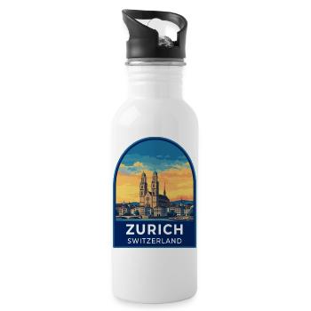Zurich Switzerland Grossmunster Retro Sunset Badge - Water bottle with straw - white - Right