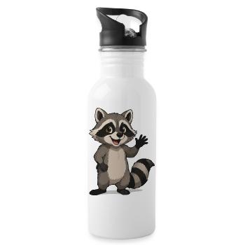 Waving Raccoon Cartoon Motif - Water bottle with straw - white - Right