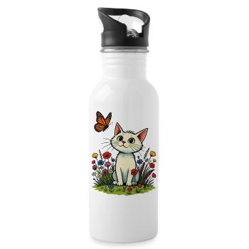 White cat with butterfly on flower meadow - Water bottle with straw - white - Right