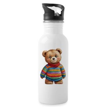 Cute teddy bear in colorful striped sweater - Water bottle with straw - white - Right