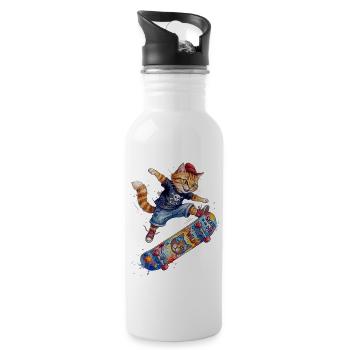 Coole Skater Katze auf Skateboard-Aquarell Design - Trinkflasche mit integriertem Trinkhalm - Weiß - Rechts