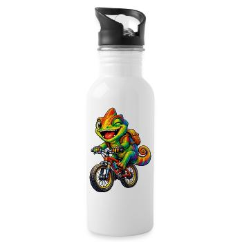 Chamäleon auf dem Fahrrad - Trinkflasche mit integriertem Trinkhalm - Weiß - Rechts