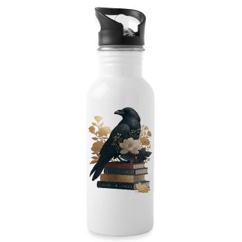 Rabe auf Büchern - Trinkflasche mit integriertem Trinkhalm - Weiß - Rechts