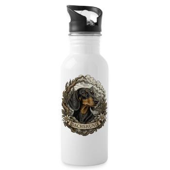 Dackel im Vintage Stil mit Berglandschaft - Trinkflasche mit integriertem Trinkhalm - Weiß - Rechts