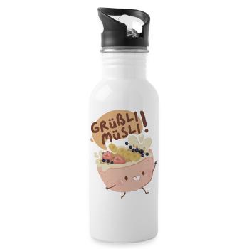 Grüßli Müsli!  - Trinkflasche mit integriertem Trinkhalm - Weiß - Rechts