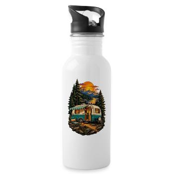 Retro Wohnwagen am Bergsee - Trinkflasche mit integriertem Trinkhalm - Weiß - Rechts