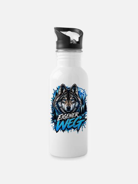 Neon-Wolf Mondnachtwald - Trinkflasche mit integriertem Trinkhalm - Weiß