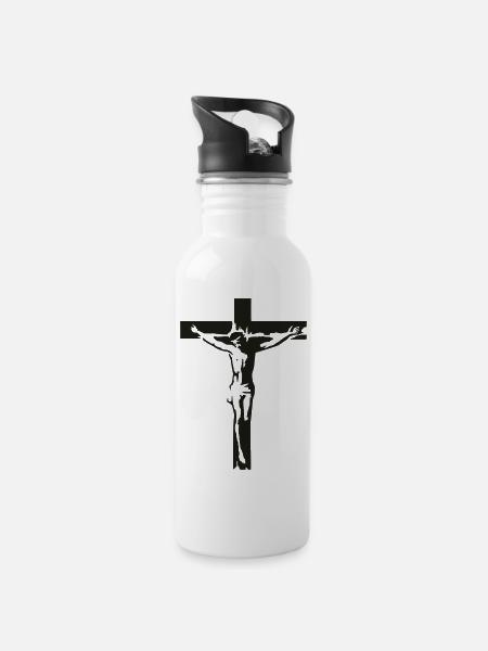 Jesus 02 - Trinkflasche mit integriertem Trinkhalm - Weiß