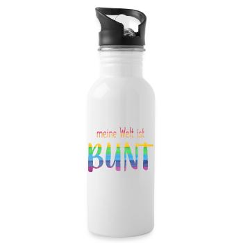 Meine Welt ist bunt - Regenbogen -fröhlich - Trinkflasche mit integriertem Trinkhalm - Weiß - Rechts