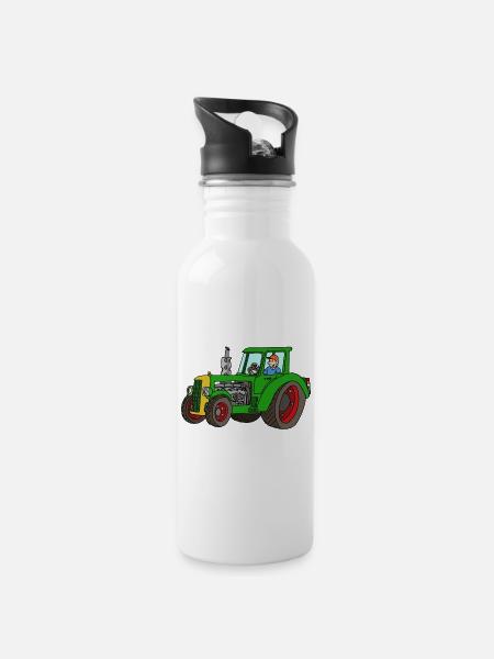 Treckerfahren - Trinkflasche mit integriertem Trinkhalm - Weiß