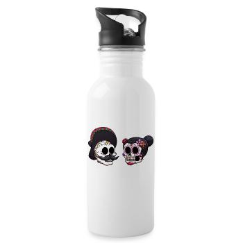 Male And Female Dia De Los Muertos Sugar Skull - Water bottle with straw - white - Right