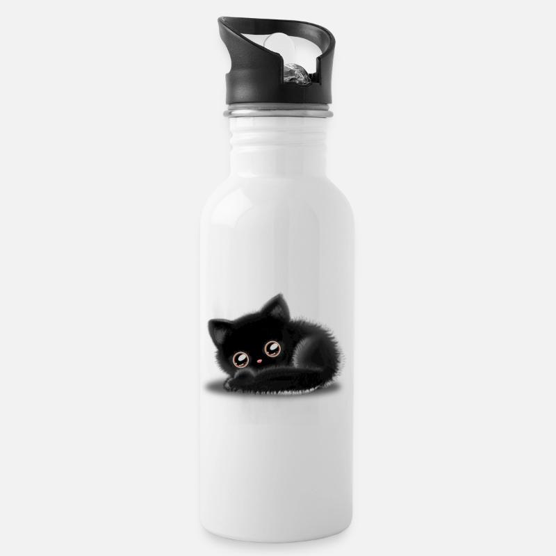 Schwarze Katze 🐈‍⬛ - Trinkflasche mit integriertem Trinkhalm - Weiß