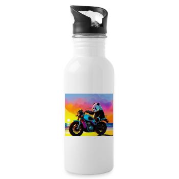 Panda auf Motorrad bei Sonnenuntergang - Trinkflasche mit integriertem Trinkhalm - Weiß - Rechts