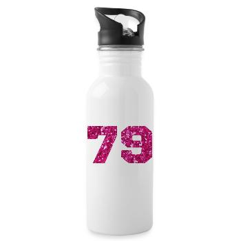 Number 79 Pink Glitter - 79th Birthday - Water bottle with straw - white - Right