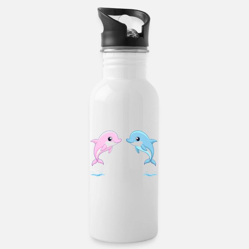 Zwei Baby-Zwillinge blauer und rosa Delfine, springend - Trinkflasche mit integriertem Trinkhalm - Weiß