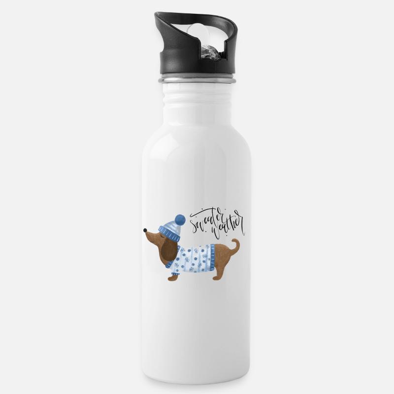 Dackel mit Pullover und Mütze Sweater Weather blau - Trinkflasche mit integriertem Trinkhalm - Weiß