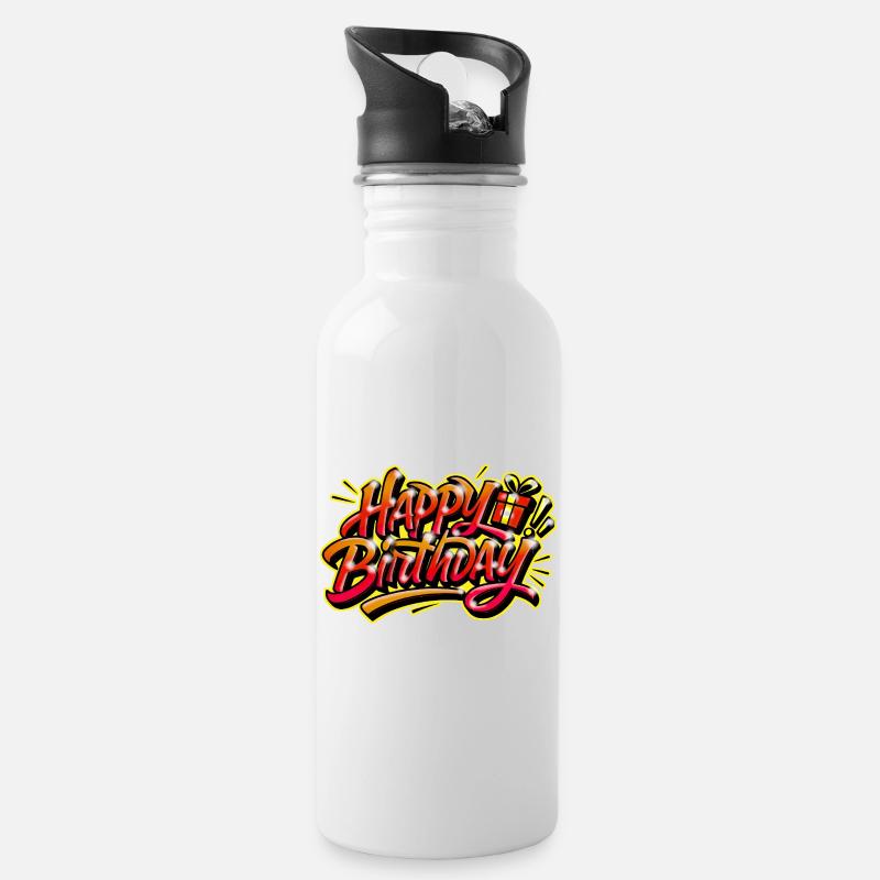 Herzlichen Glückwunsch zum Geburtstag Graffiti Gelb Rot - Trinkflasche mit integriertem Trinkhalm - Weiß