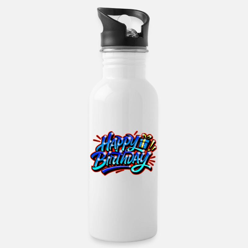 Herzlichen Glückwunsch zum Geburtstag Graffiti BLAU ROT - Trinkflasche mit integriertem Trinkhalm - Weiß