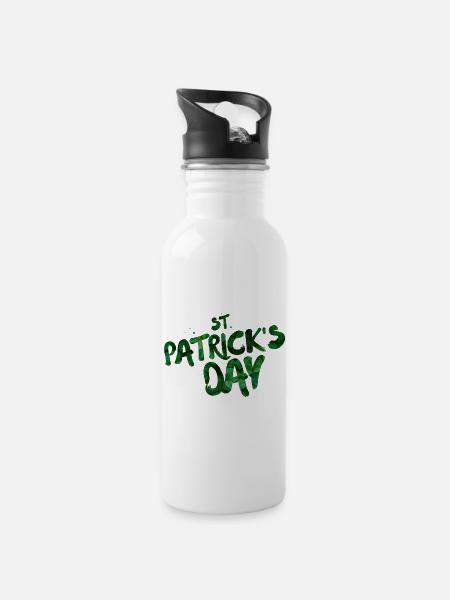 Grüne Blatt-Typo St Patrick's Day - Trinkflasche mit integriertem Trinkhalm - Weiß