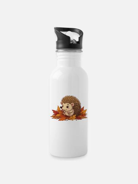 Igel im Herbstlaub Herbstzauber - Trinkflasche mit integriertem Trinkhalm - Weiß