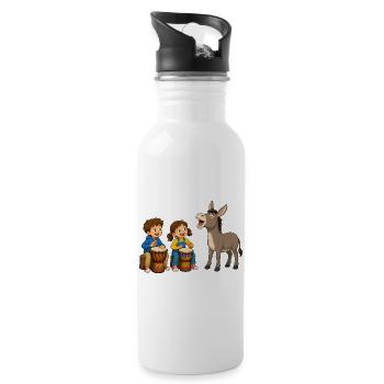 Kinder Trommeln mit Esel Fröhliches Musikmotiv - Trinkflasche mit integriertem Trinkhalm - Weiß - Rechts
