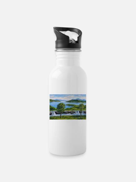 Flusslandschaft mit Wasserfall - Trinkflasche mit integriertem Trinkhalm - Weiß